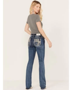 Miss Me Women's Dark Wash Mid Rise Non-Flap Pastel Cross Bootcut Jeans