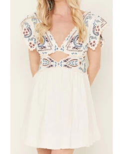 Free People Women's Rambling Roads Mini Short Sleeve Embroidered Dress -Cowboy Pradise 2000388007 100 P3